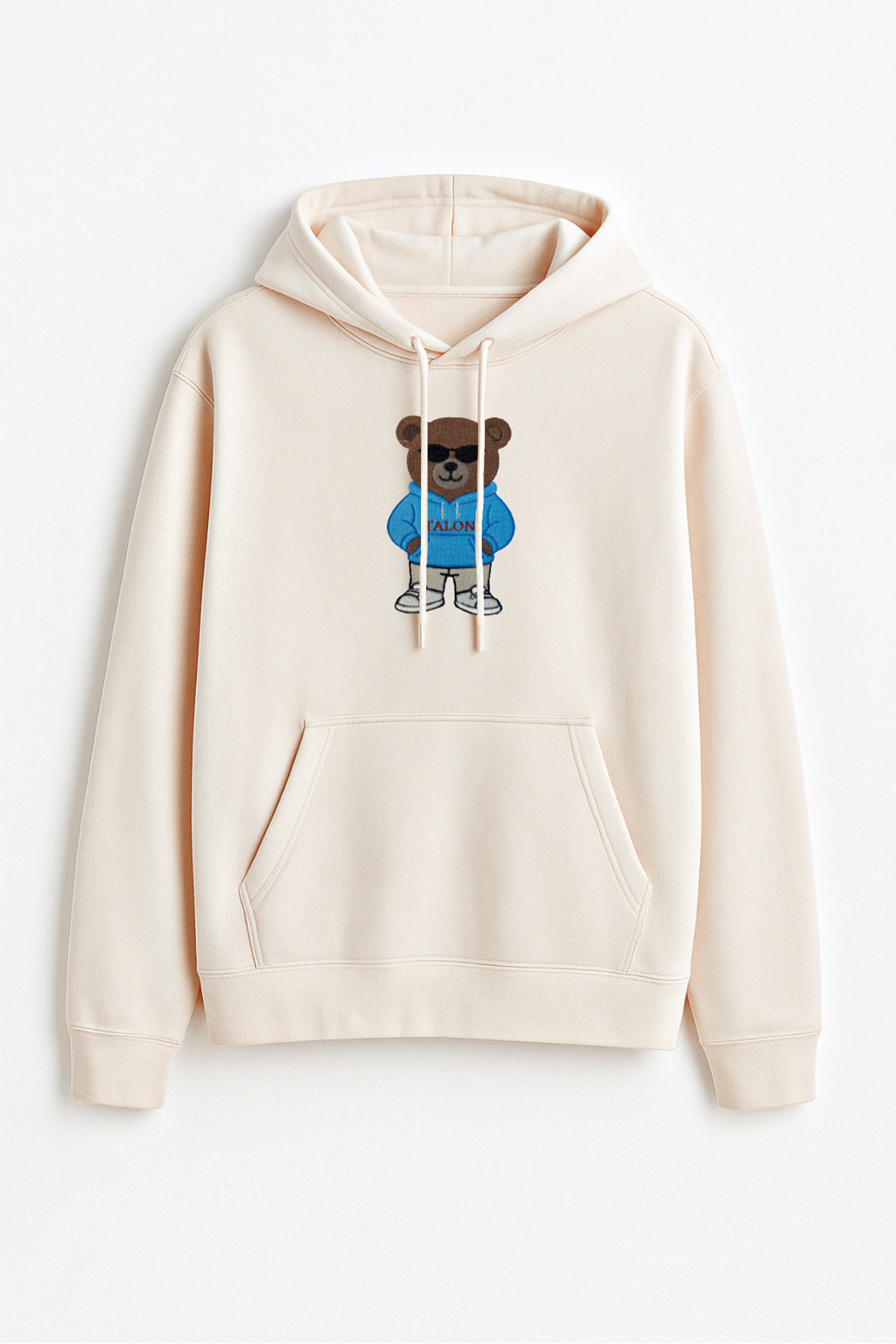 Bear Embroidered Off White Oversized Hoodie