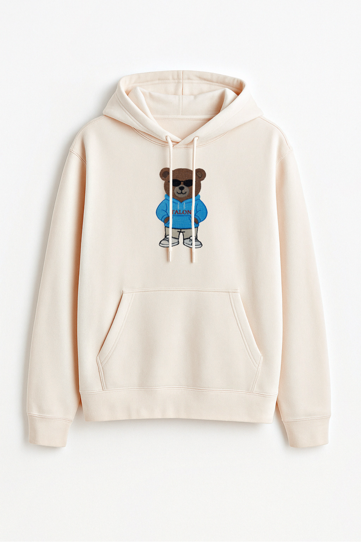 Bear Embroidered Off White Oversized Hoodie