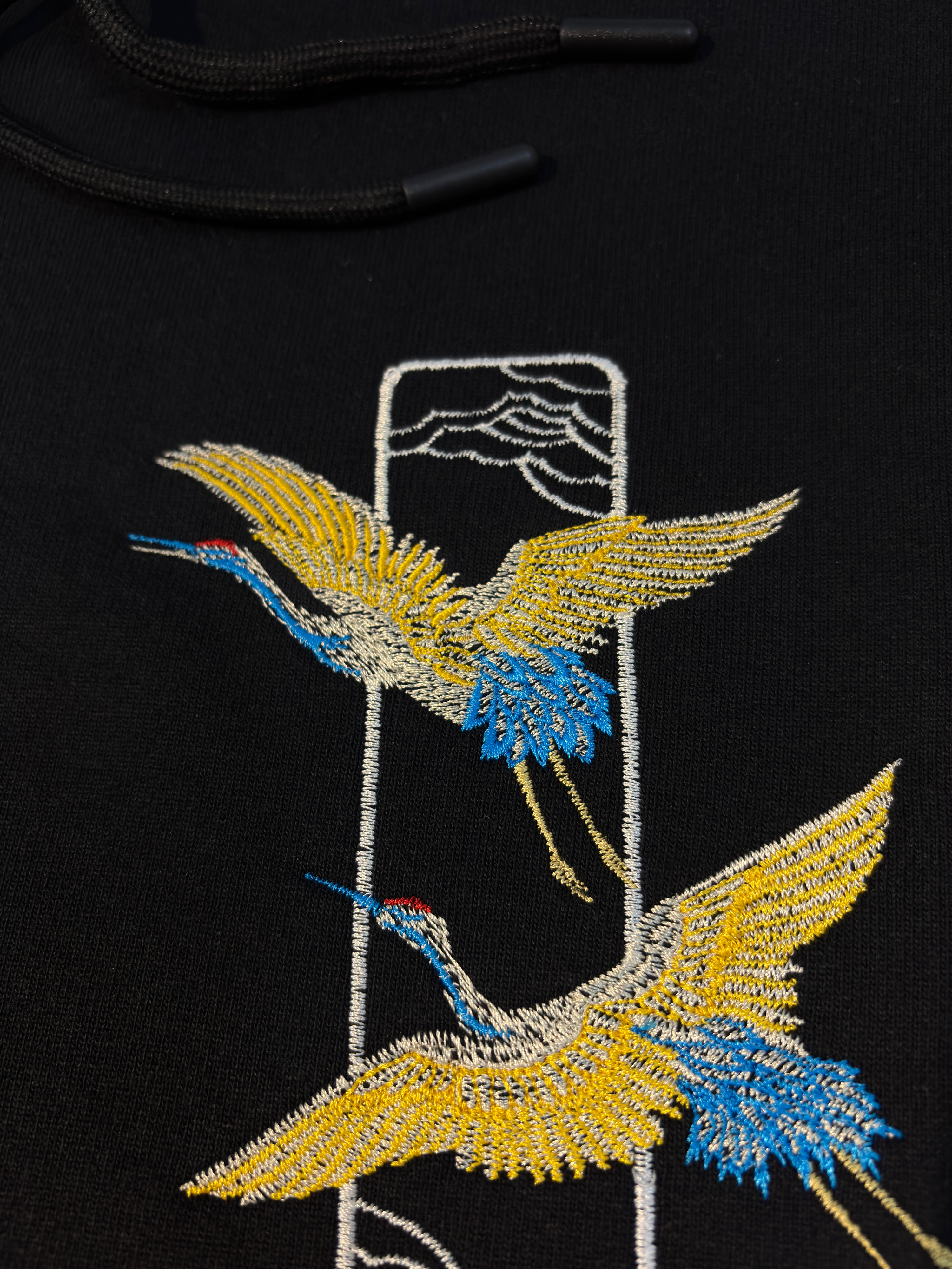Crane Embroidered Black Oversized Hoodie