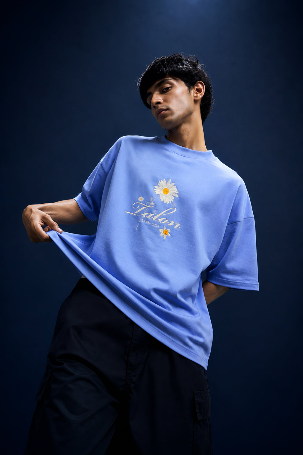 Daisy Floral Embroidered Oversized T-Shirt Light Blue