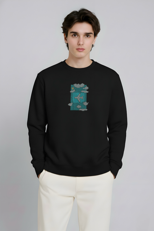 Airplane Embroidered Black Regular Fit Sweatshirt