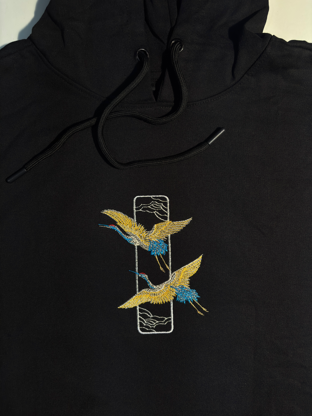 Crane Embroidered Black Oversized Hoodie