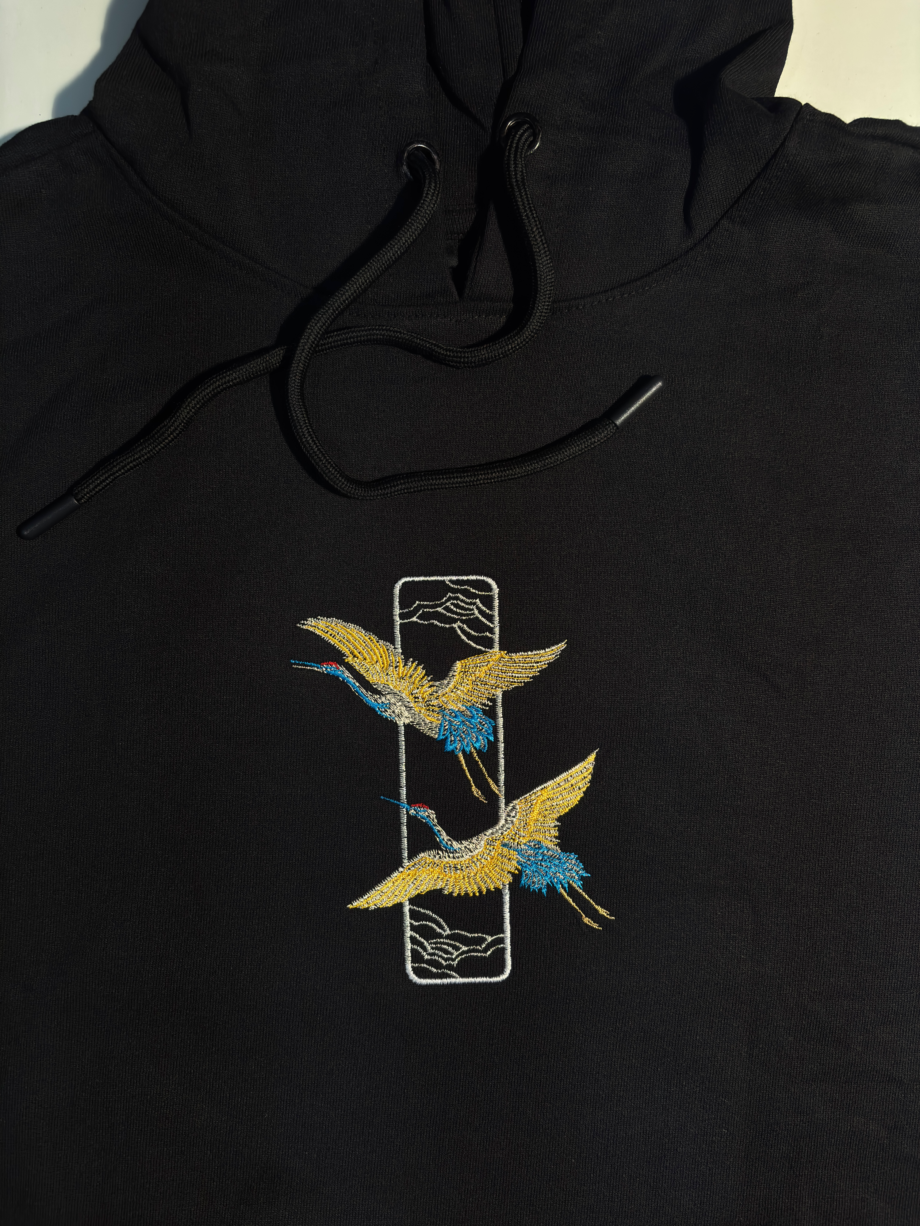 Crane Embroidered Black Oversized Hoodie