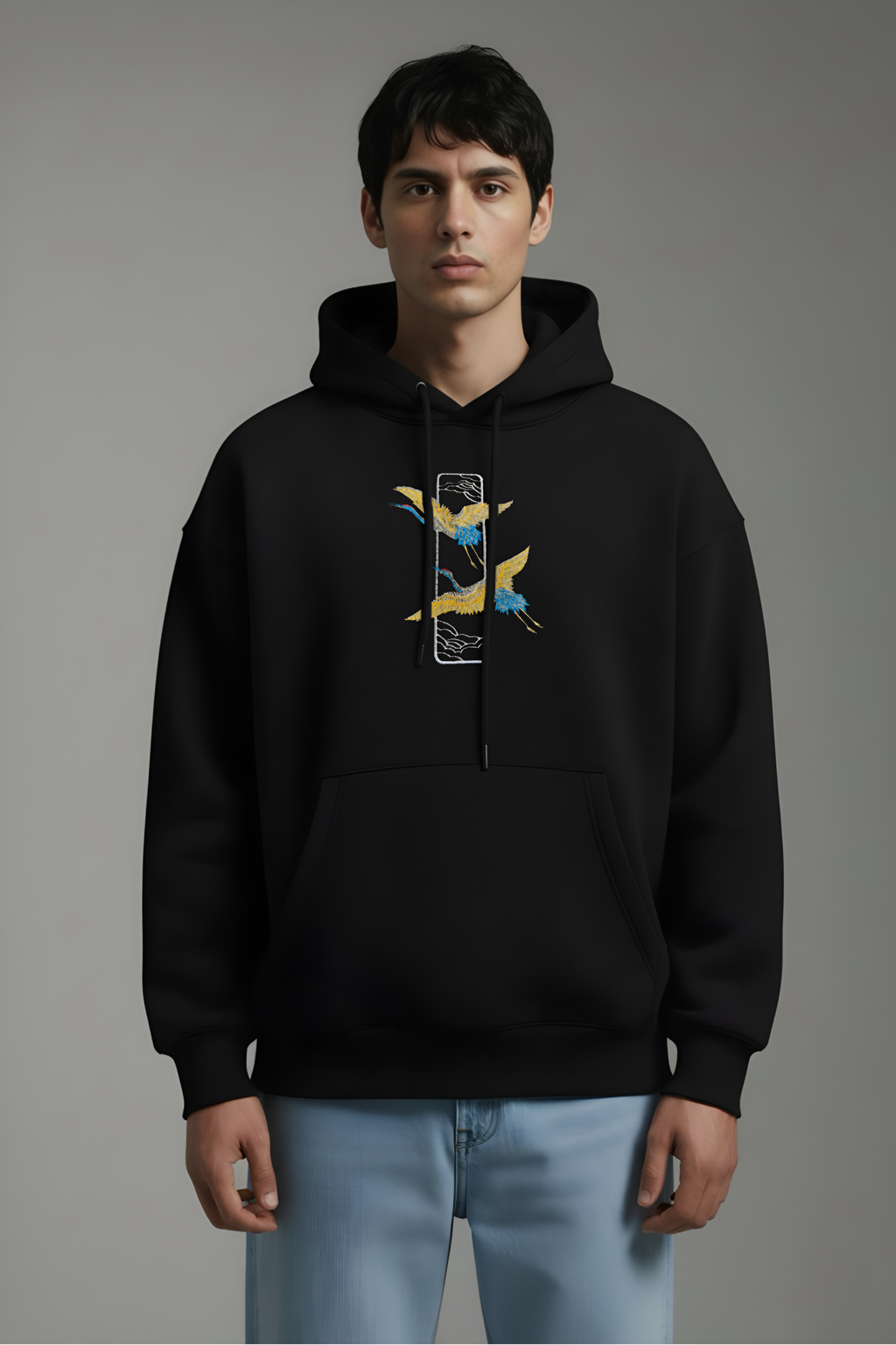 Crane Embroidered Black Oversized Hoodie
