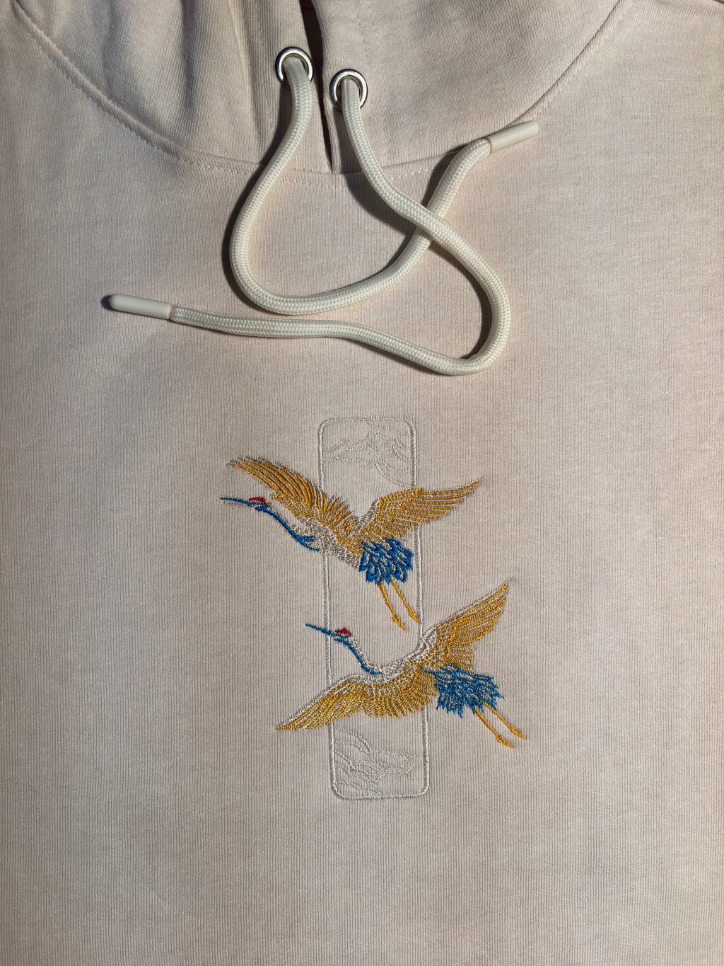 Crane Embroidered Off White Oversized Hoodie