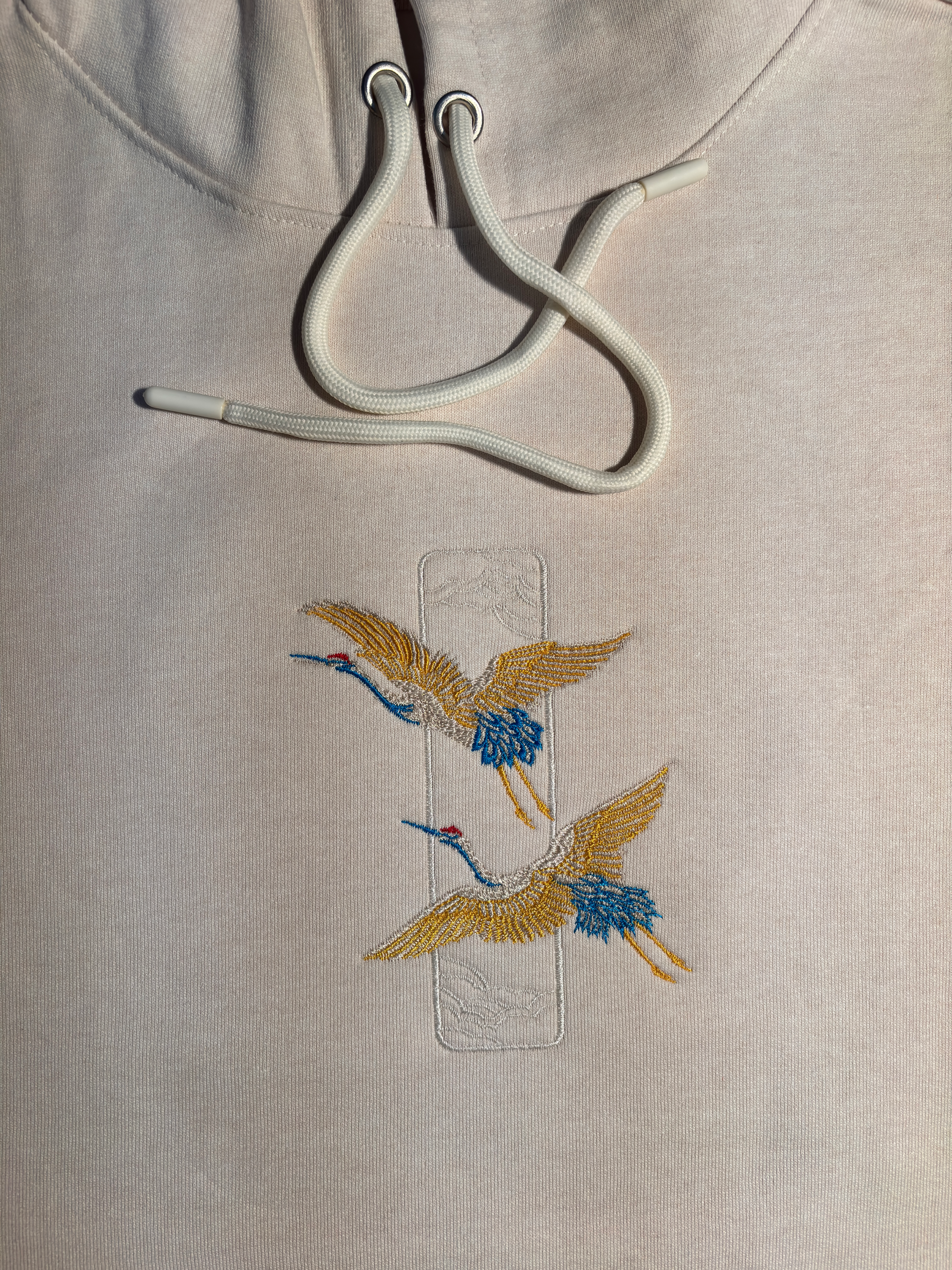 Crane Embroidered Off White Oversized Hoodie