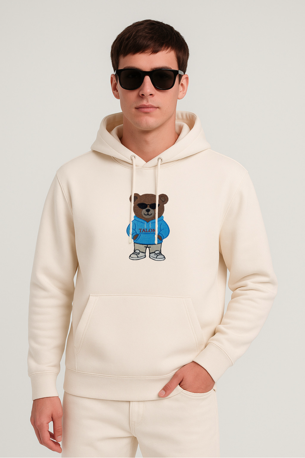 Bear Embroidered Off White Oversized Hoodie