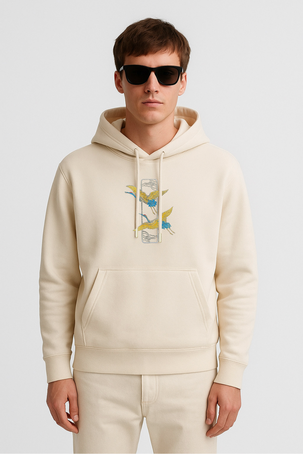 Crane Embroidered Off White Oversized Hoodie