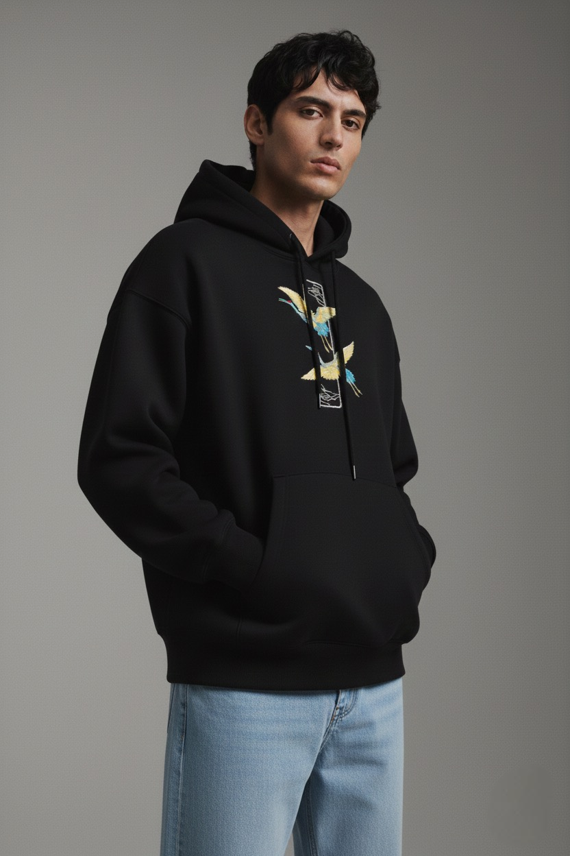 Crane Embroidered Black Oversized Hoodie