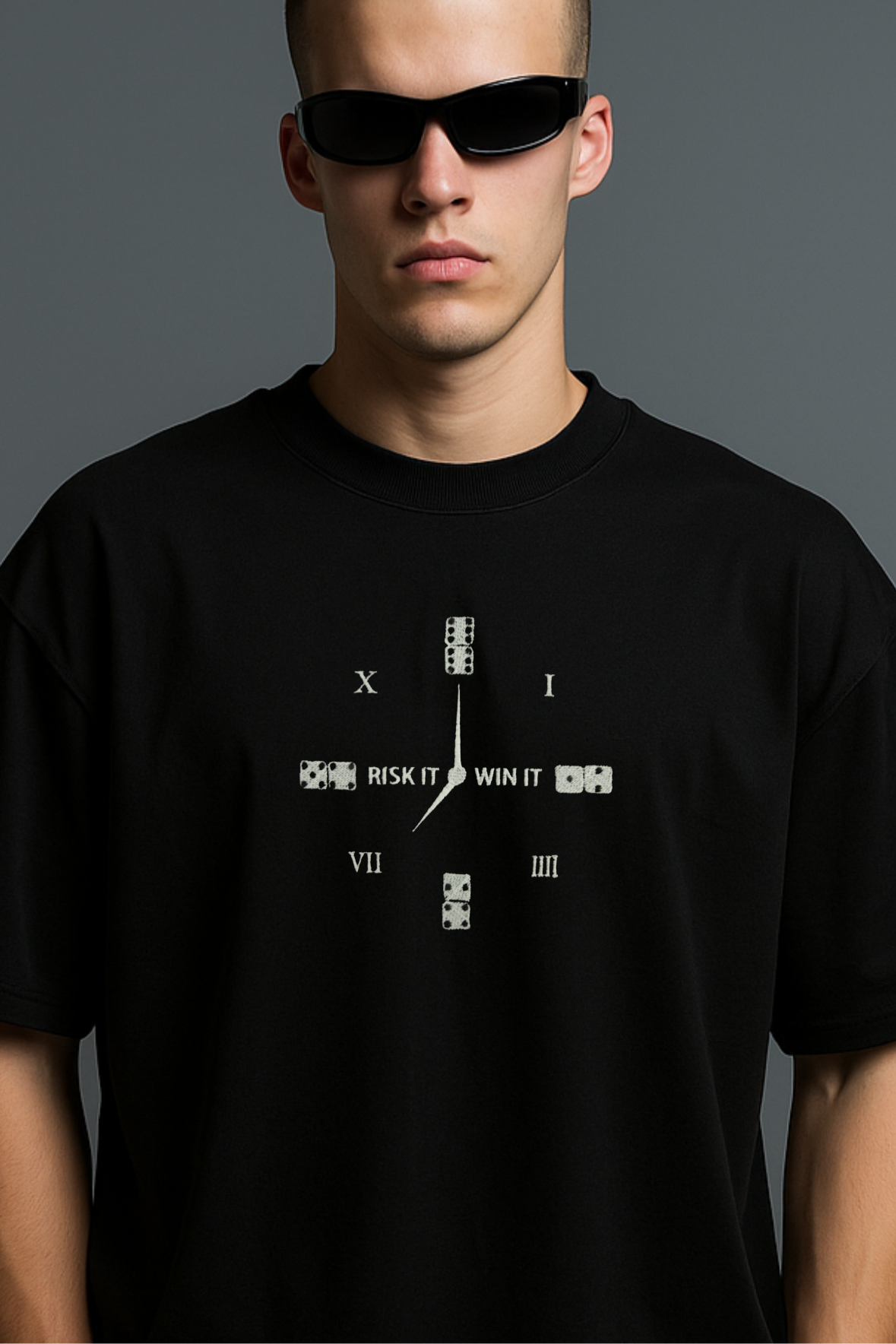 Conquer Clock Embroidered Black Oversized T-Shirt