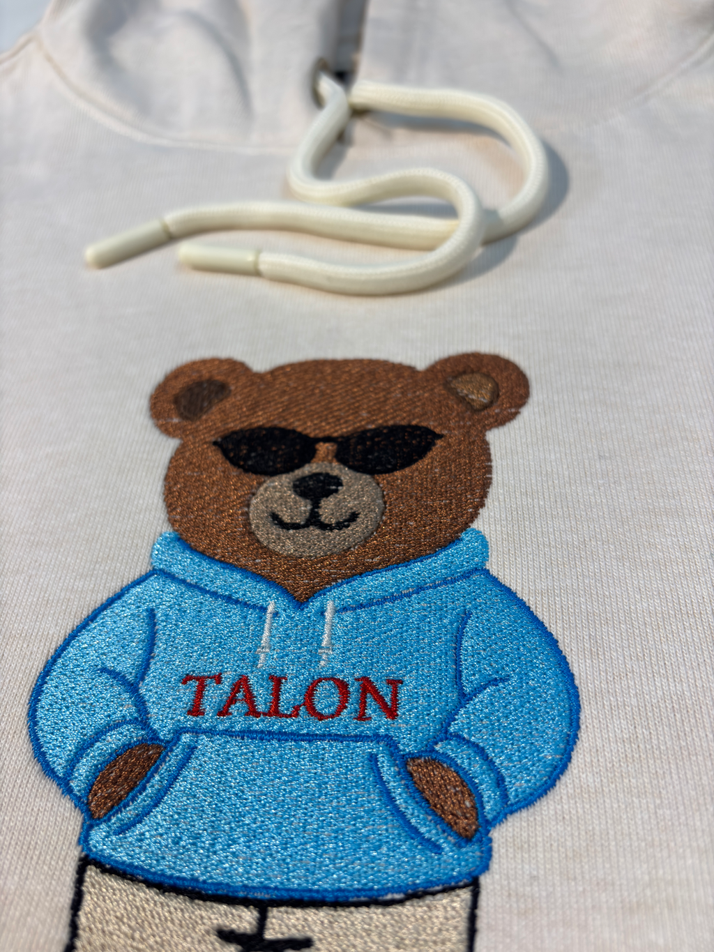 Bear Embroidered Off White Oversized Hoodie
