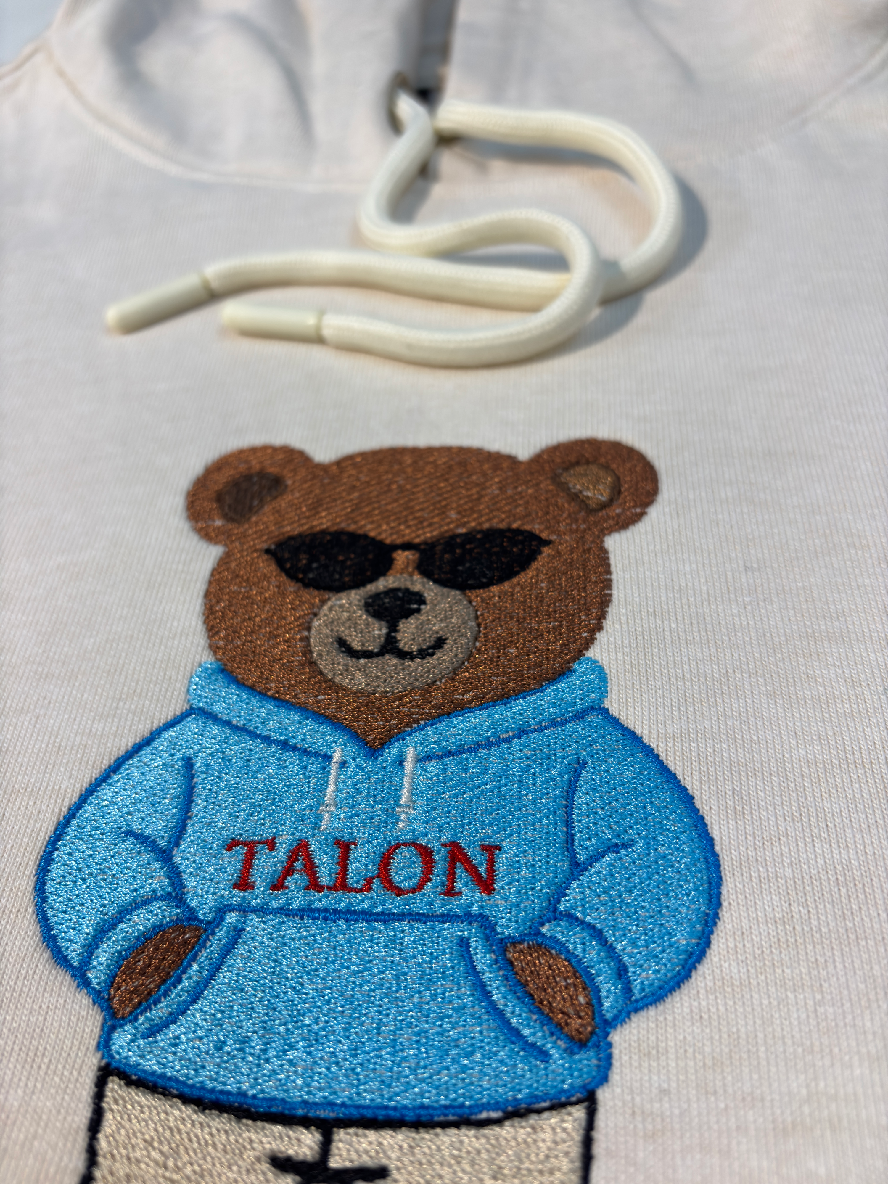 Bear Embroidered Off White Oversized Hoodie