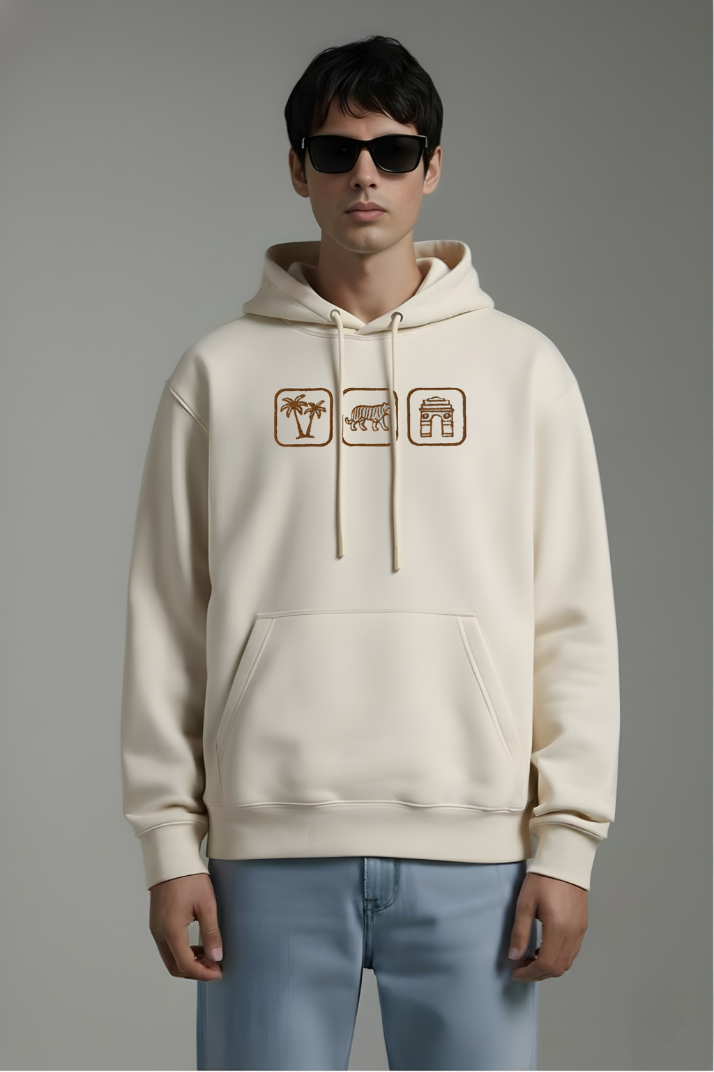 Indo Places Embroidered Off White Oversized Hoodie