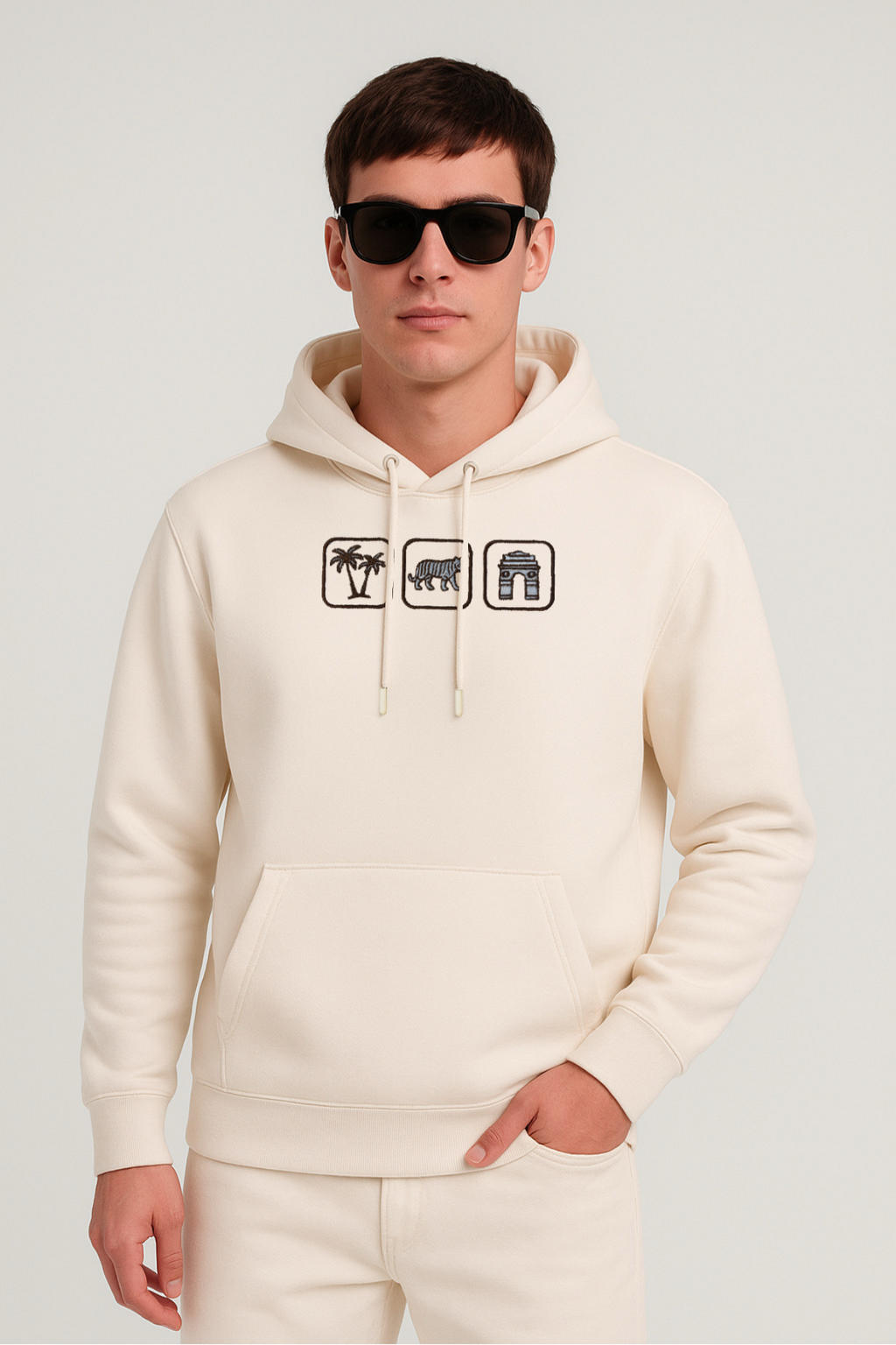 Indo Places Embroidered Off White Oversized Hoodie