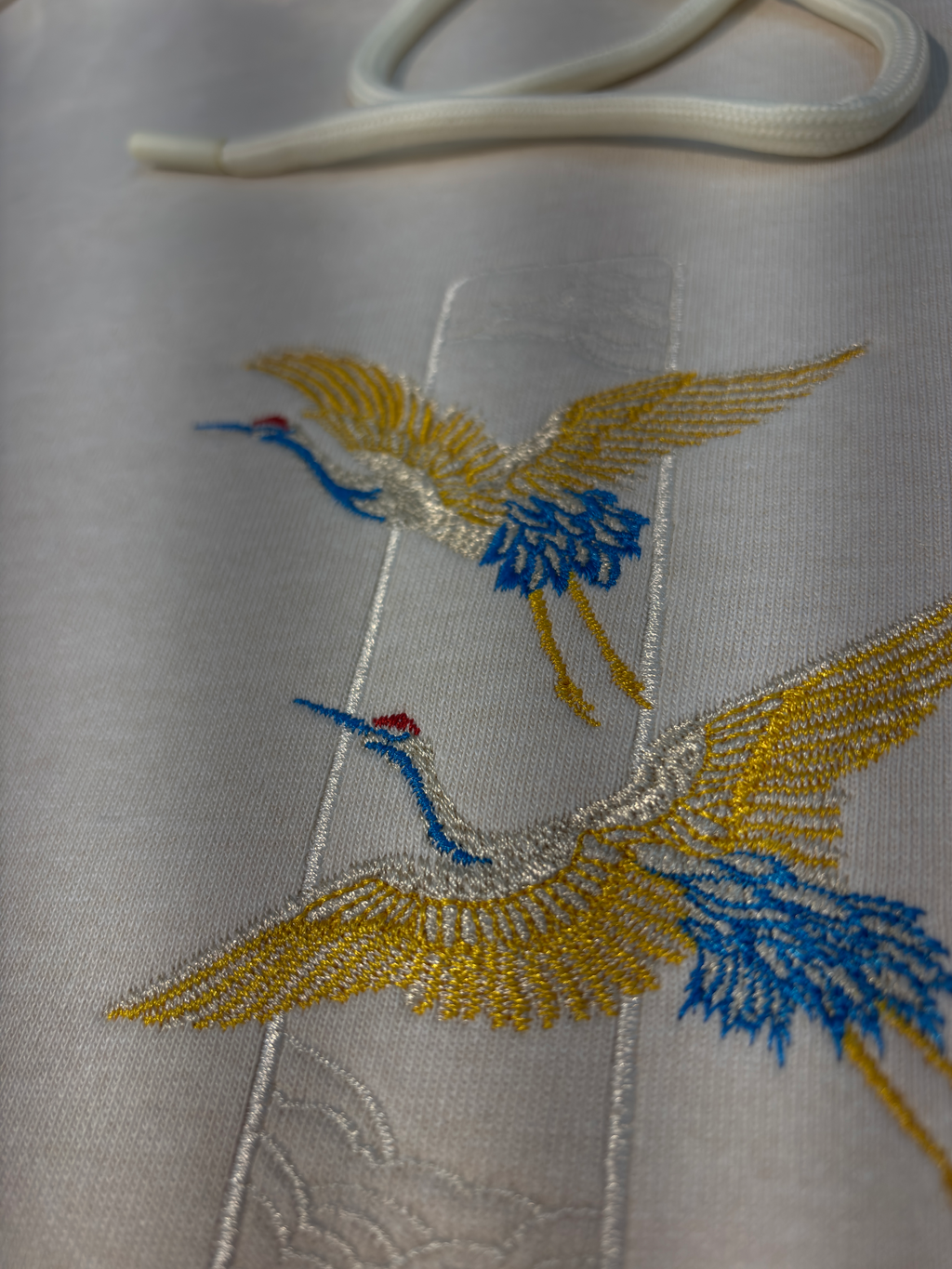 Crane Embroidered Off White Oversized Hoodie