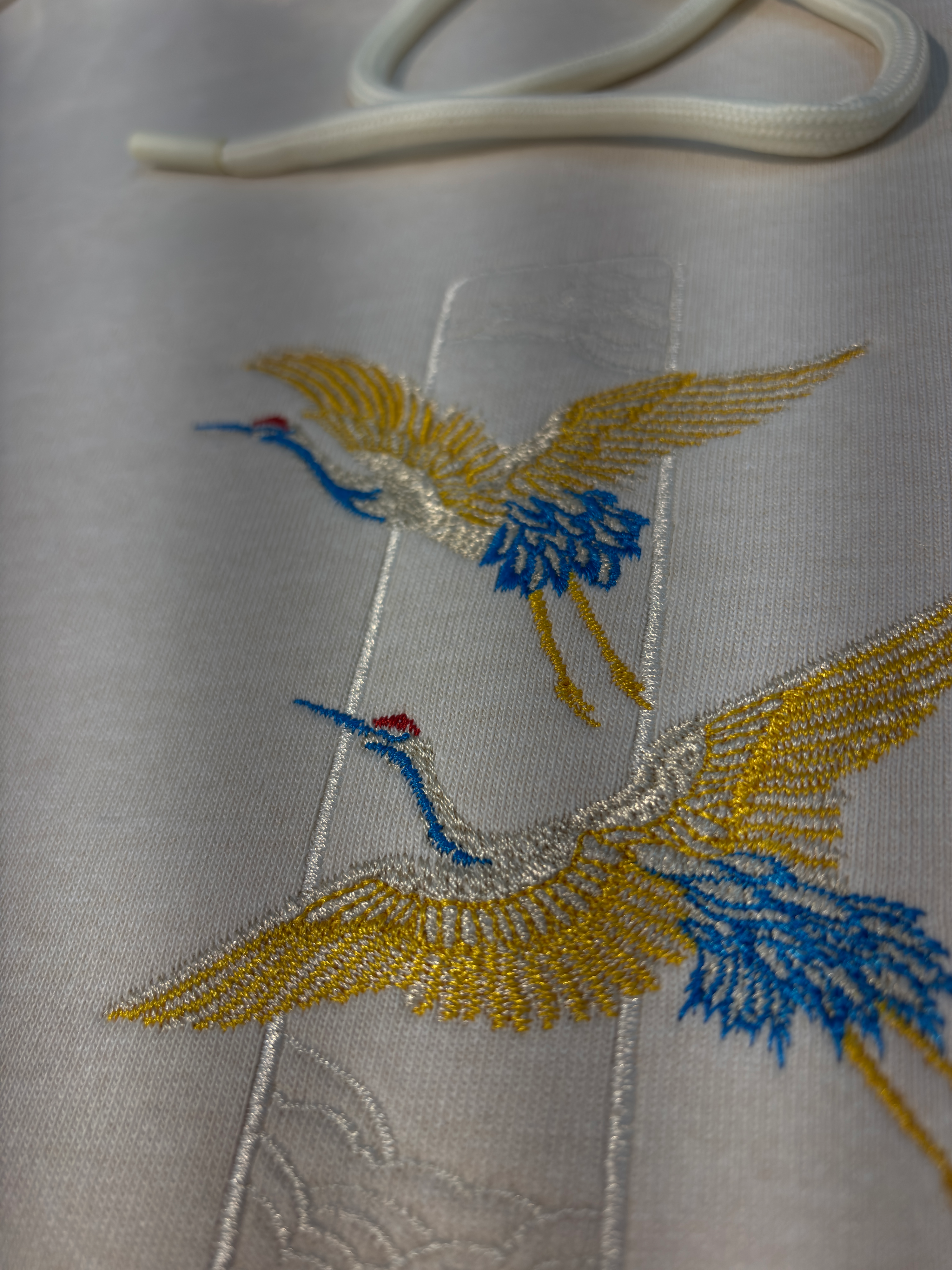 Crane Embroidered Off White Oversized Hoodie