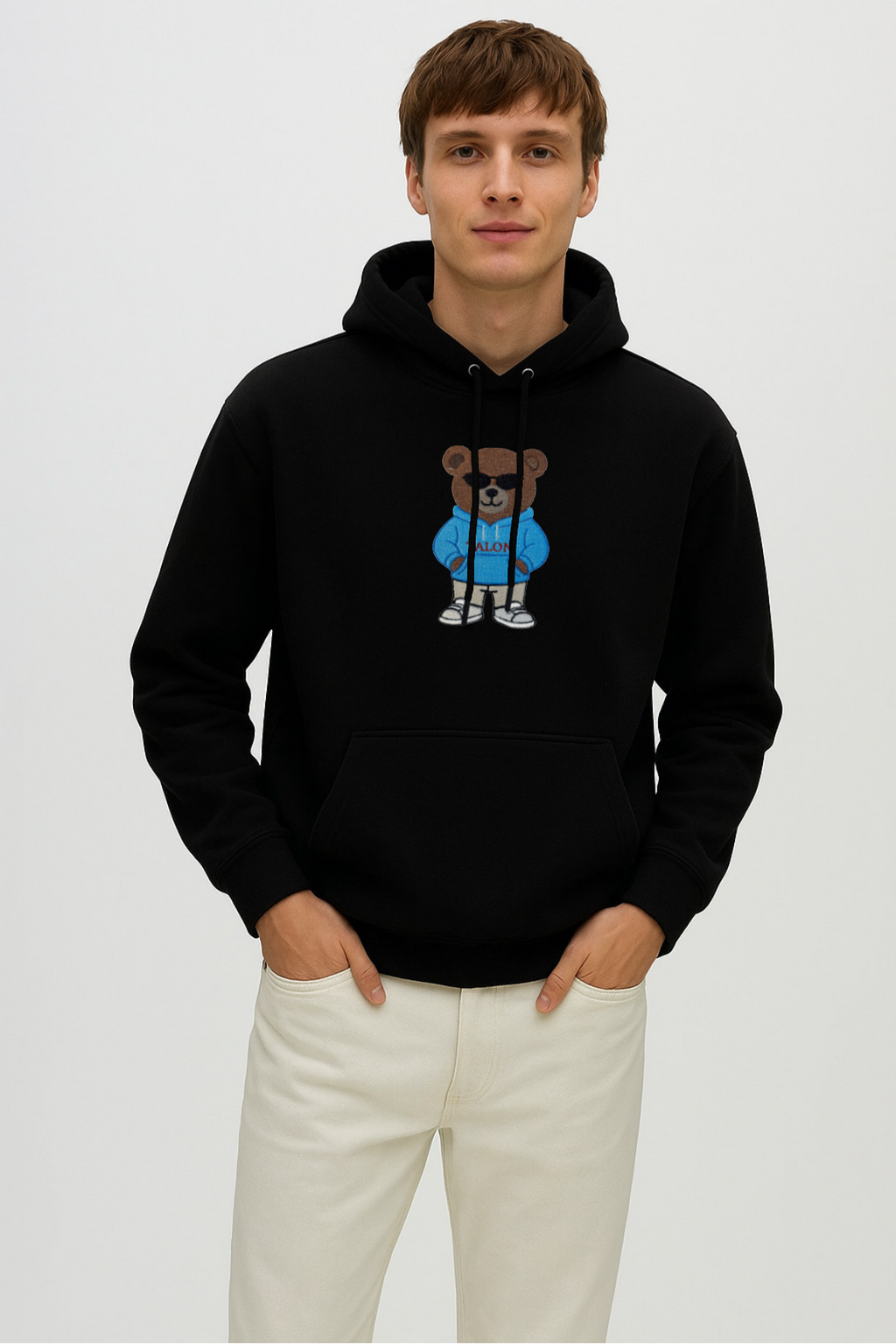 Bear Embroidered Black Oversized Hoodie