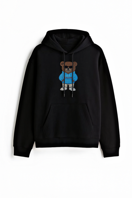 Bear Embroidered Black Oversized Hoodie