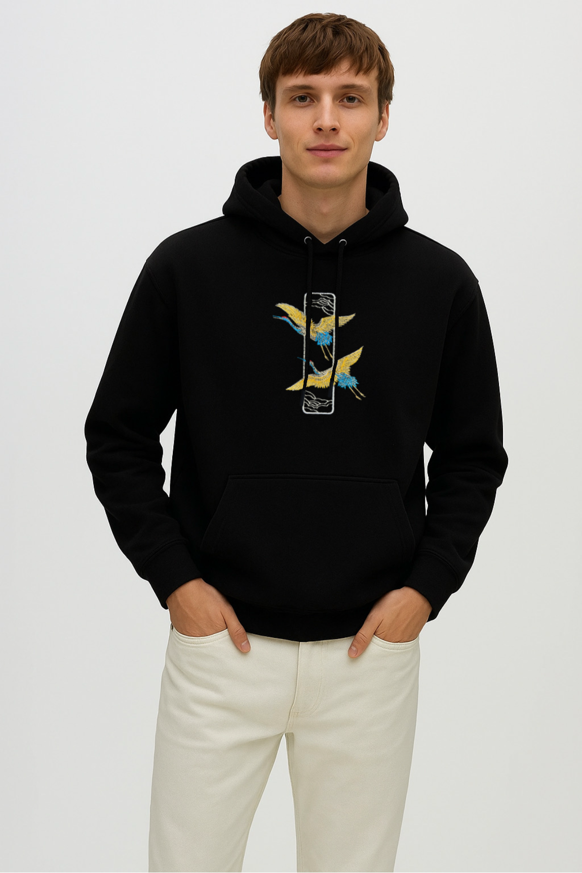 Crane Embroidered Black Oversized Hoodie