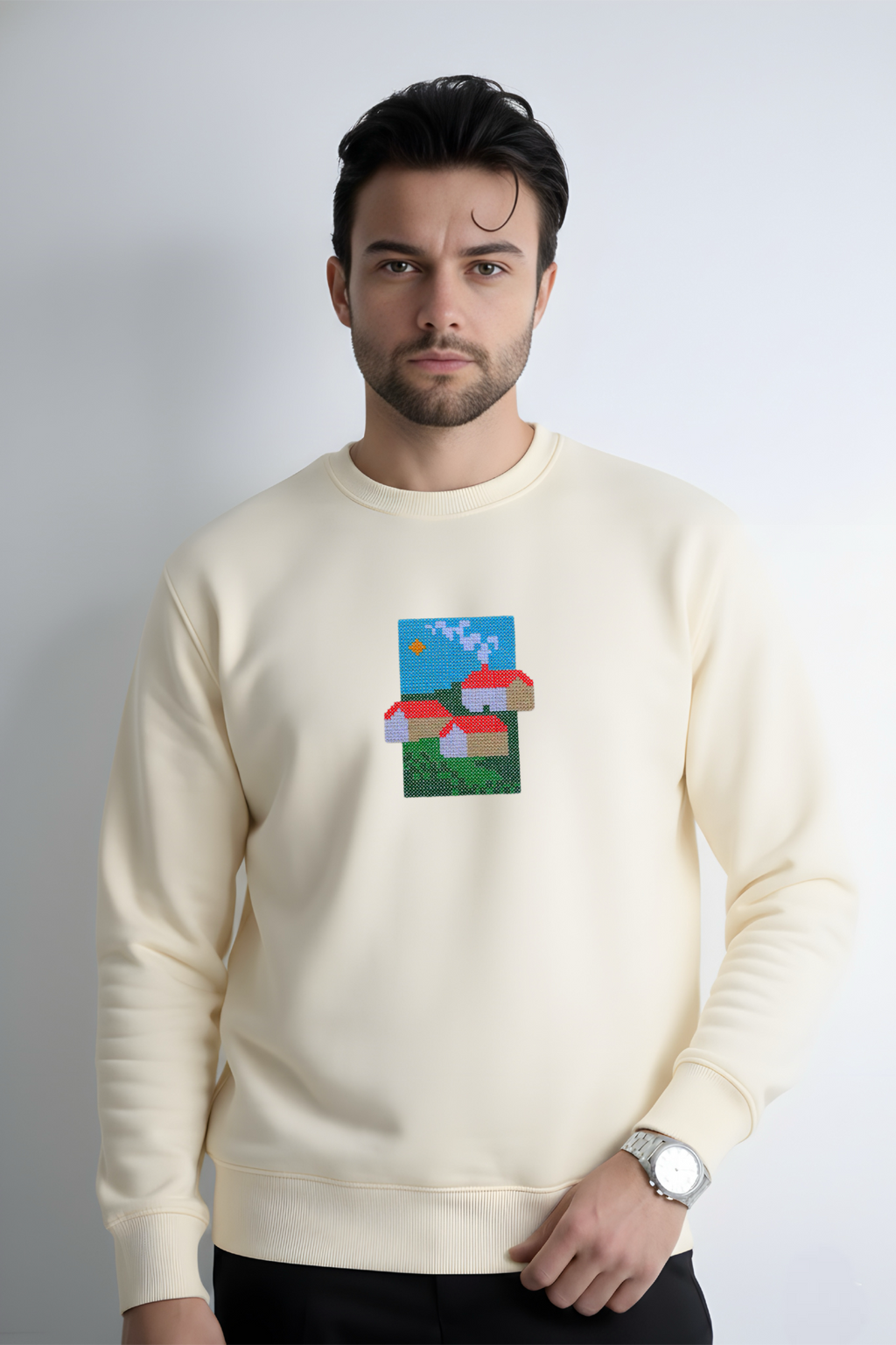 Home Embroidered Off White Regular Fit Sweatshirt