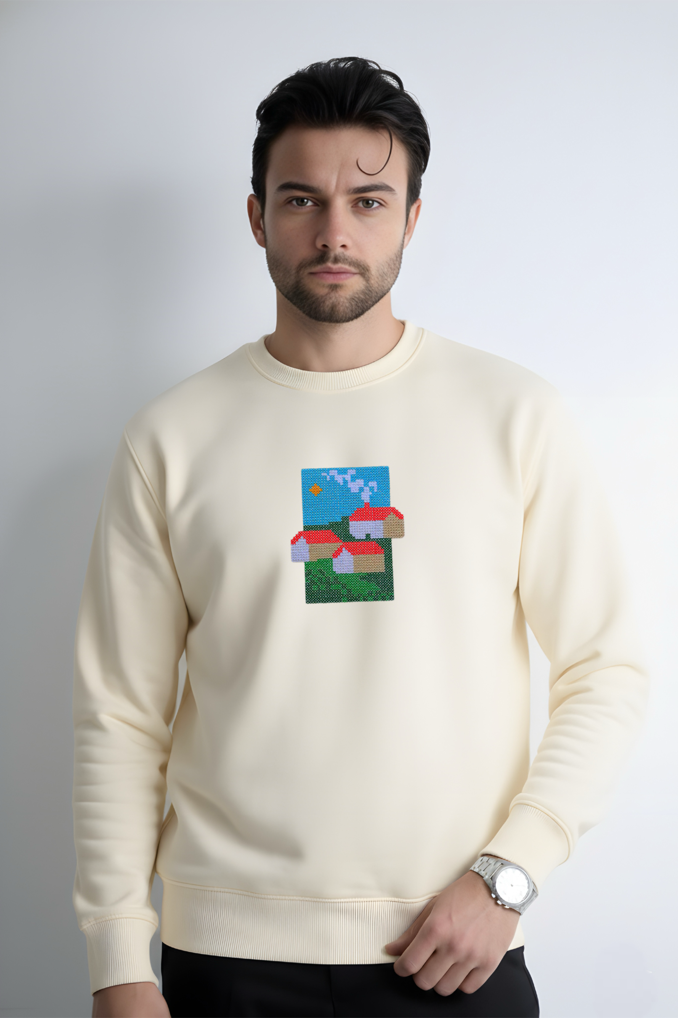 Home Embroidered Off White Regular Fit Sweatshirt