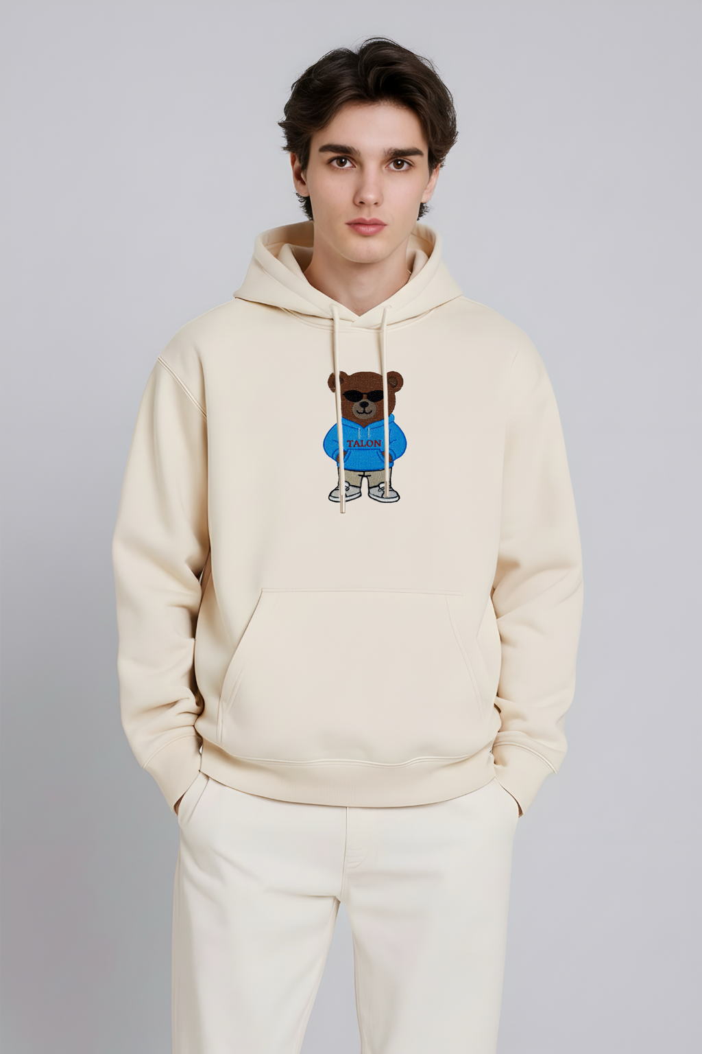 Bear Embroidered Off White Oversized Hoodie