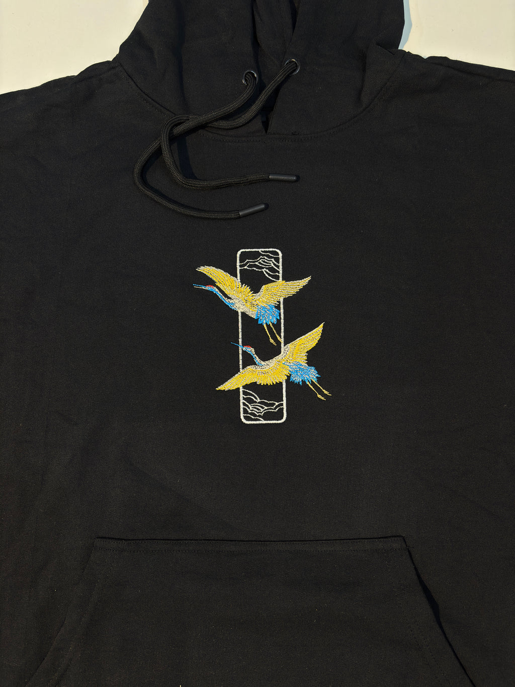 Crane Embroidered Black Oversized Hoodie