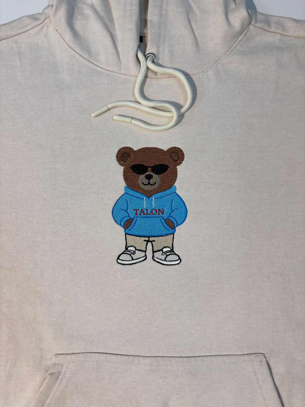 Bear Embroidered Off White Oversized Hoodie