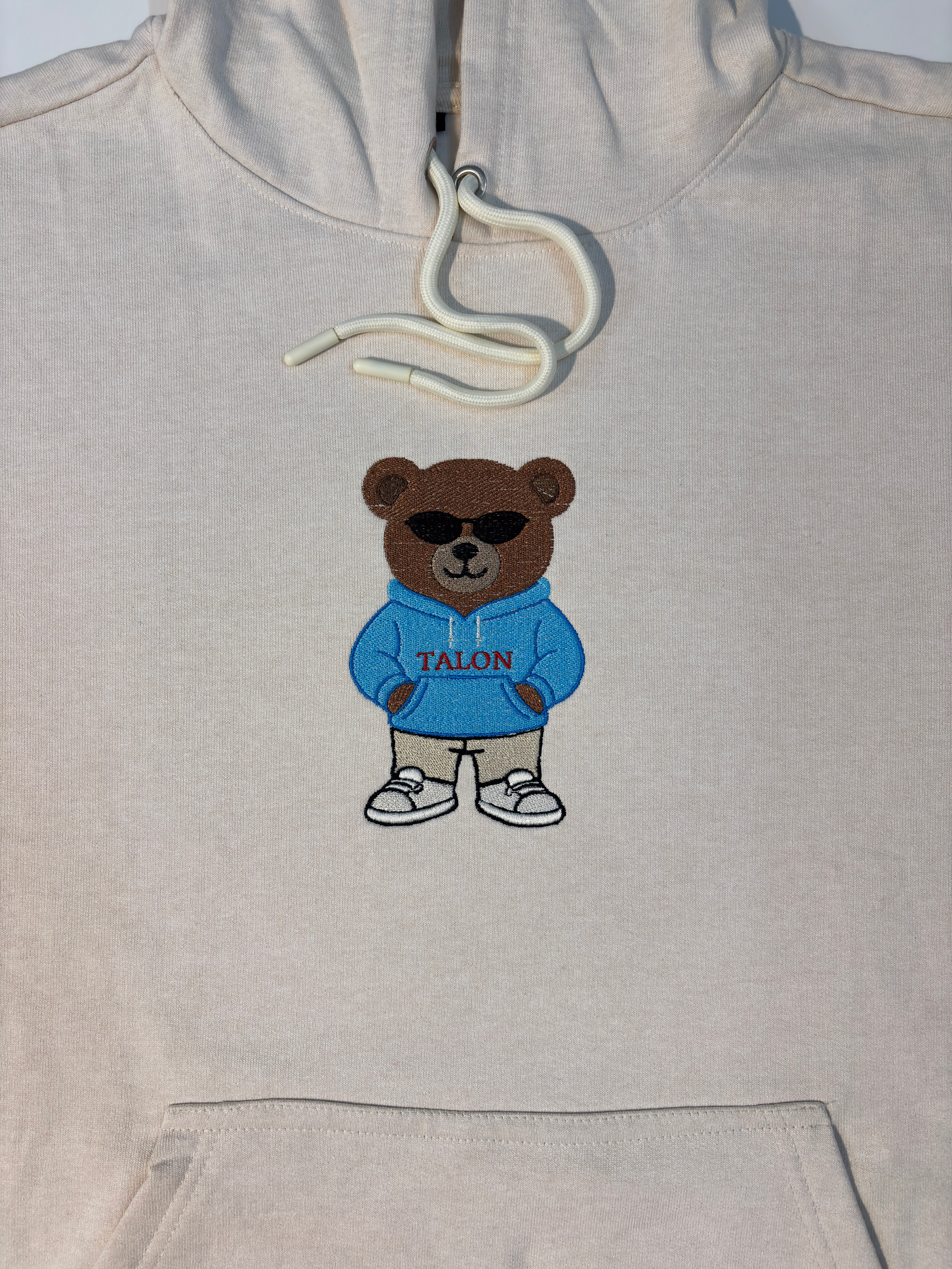 Bear Embroidered Off White Oversized Hoodie