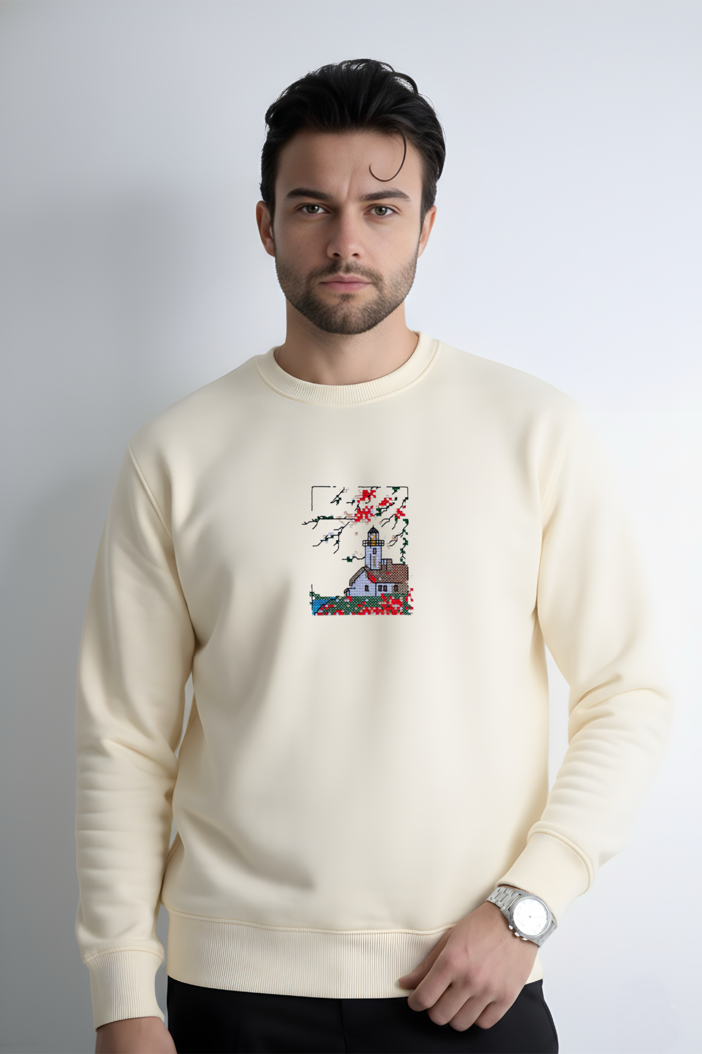 Fall Season Embroidered Off White Regular Fit Sweatshirt