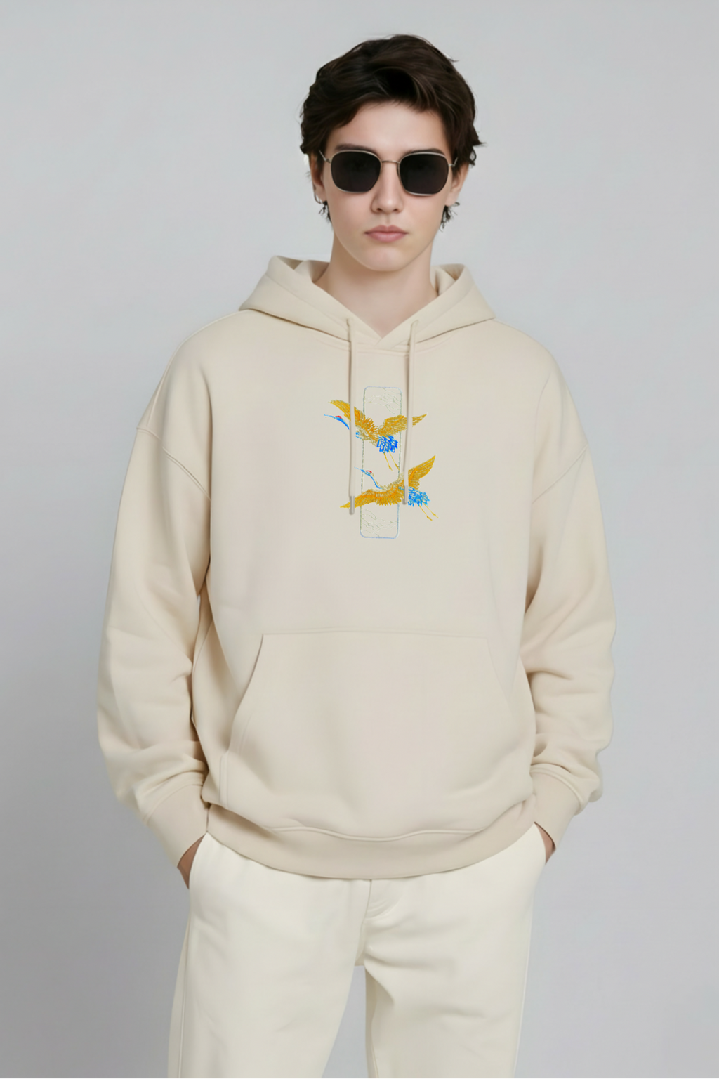 Crane Embroidered Off White Oversized Hoodie