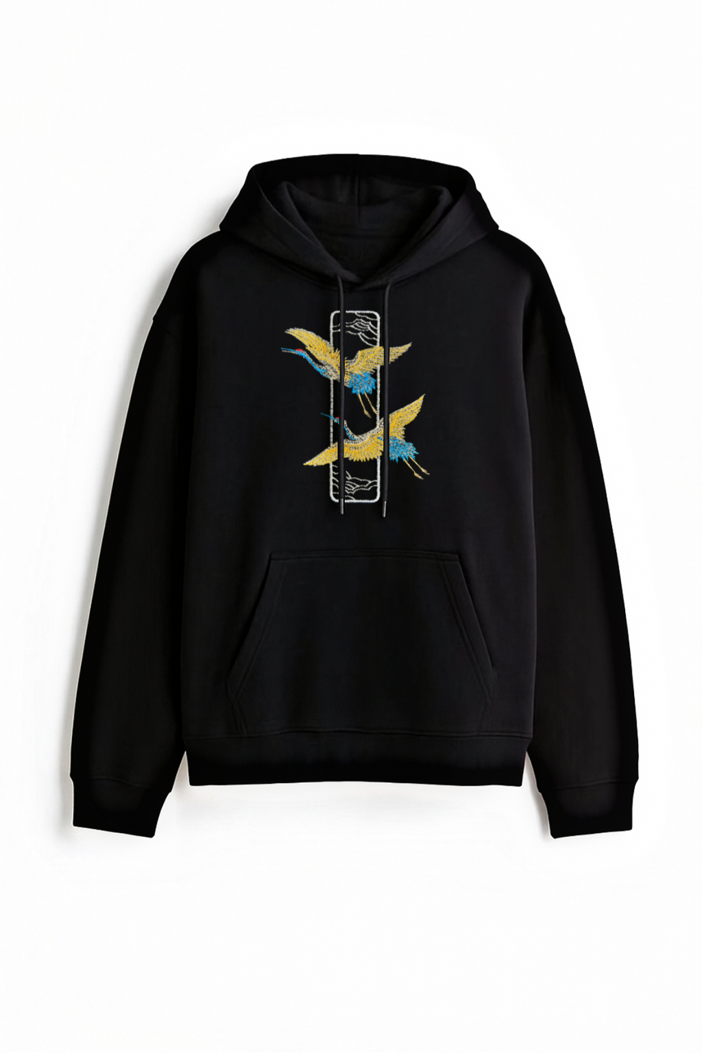 Crane Embroidered Black Oversized Hoodie