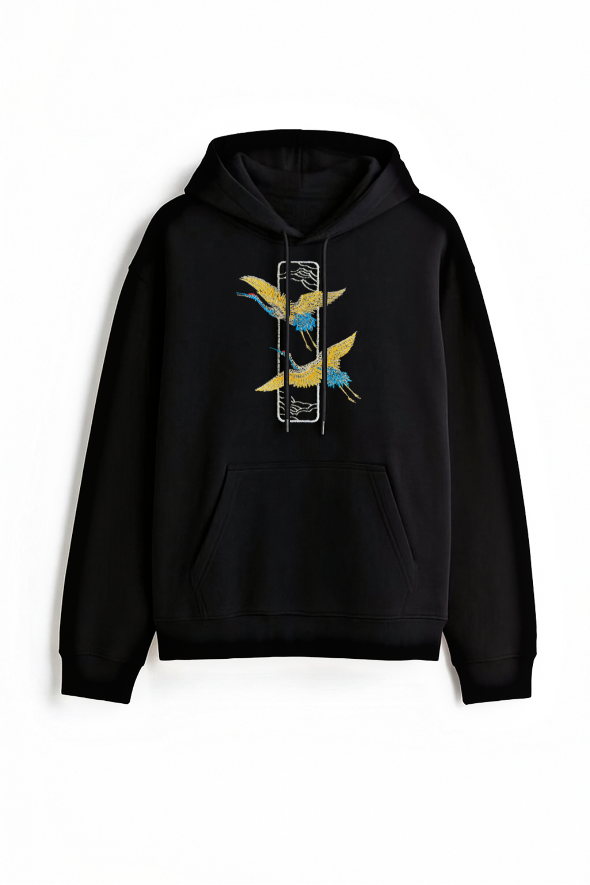 Crane Embroidered Black Oversized Hoodie