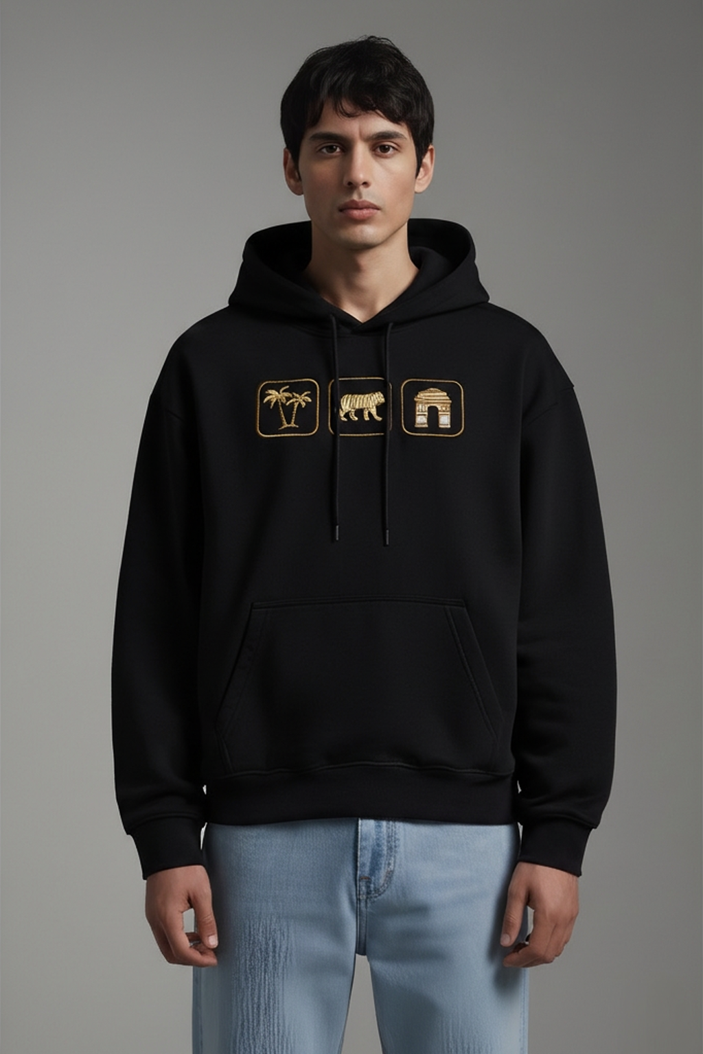 Indo Places Embroidered Black Oversized Hoodie