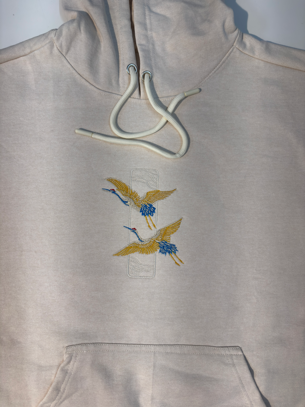 Crane Embroidered Off White Oversized Hoodie
