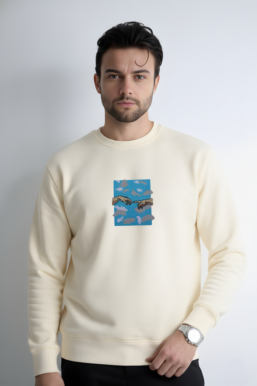 Cloud Hand Embroidered Off White Regular Fit Sweatshirt