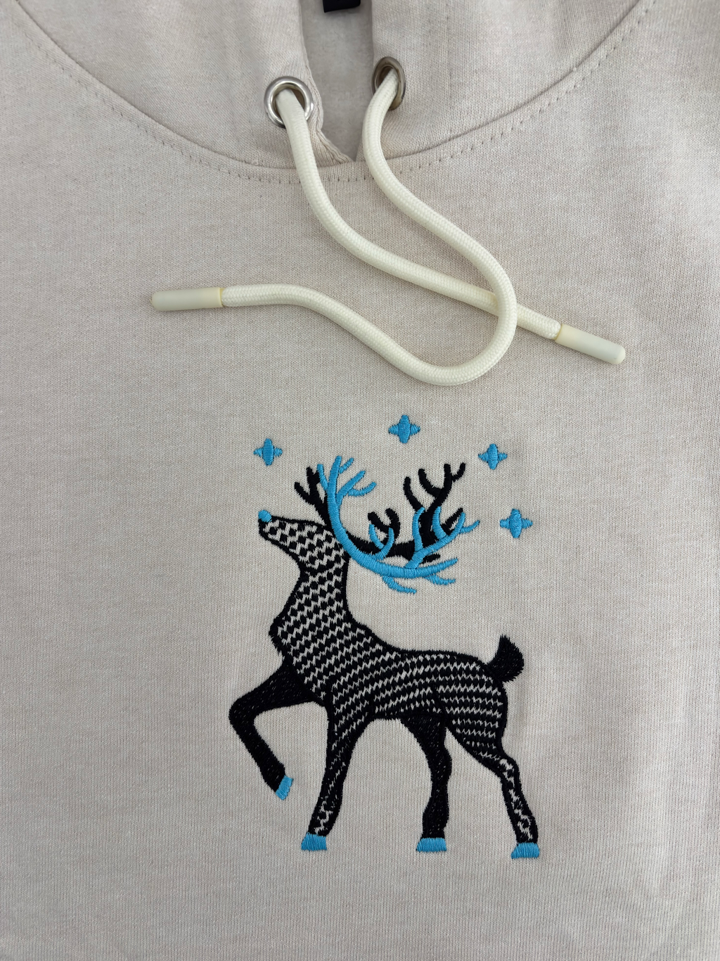 Reindeer Embroidered Off White Oversized Hoodie
