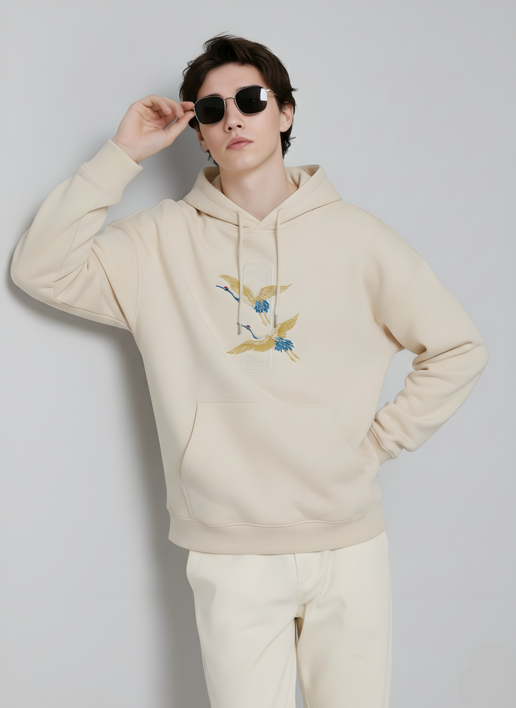 Crane Embroidered Off White Oversized Hoodie