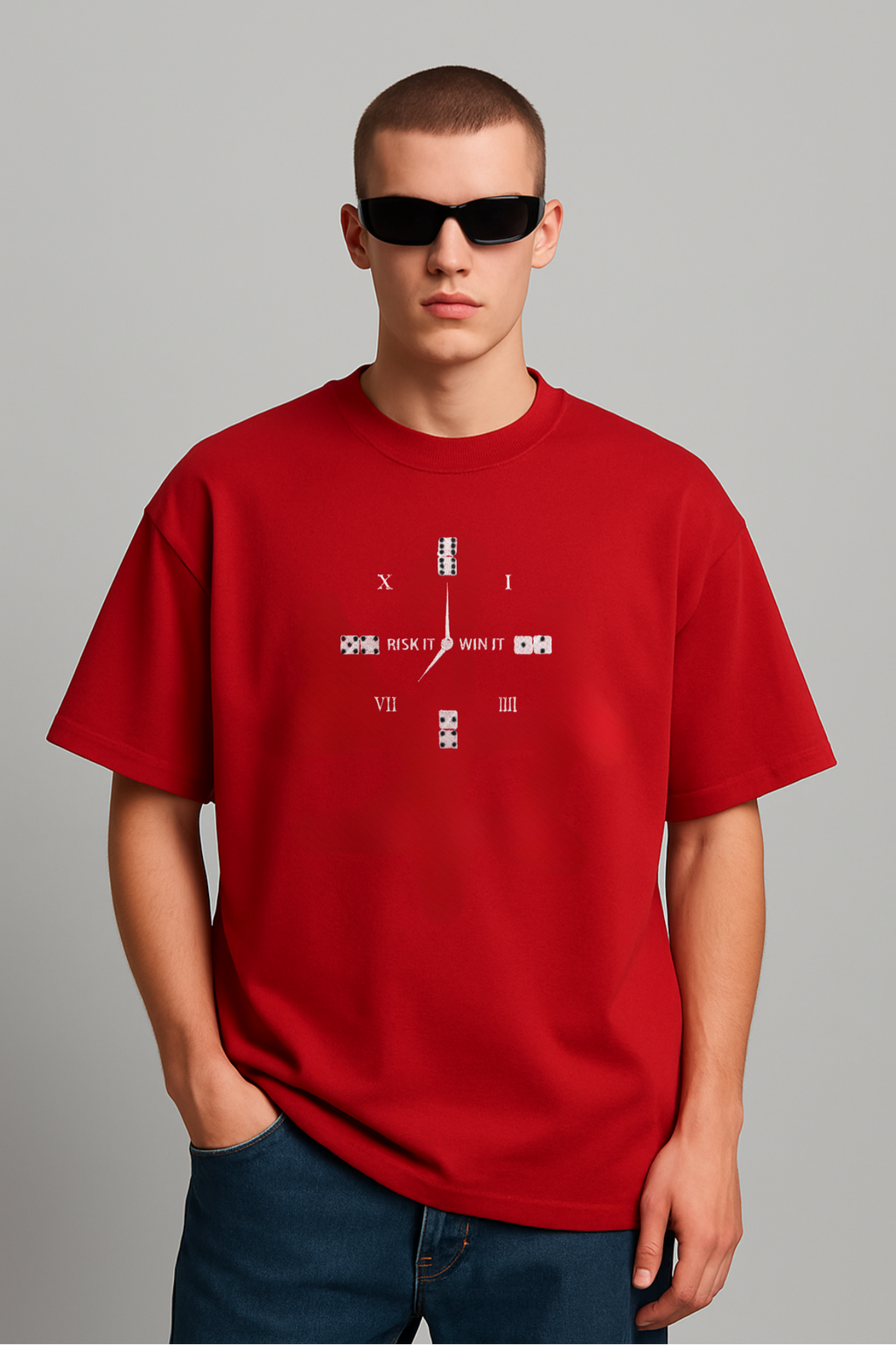 Conquer Clock Embroidered Red Oversized T-Shirt