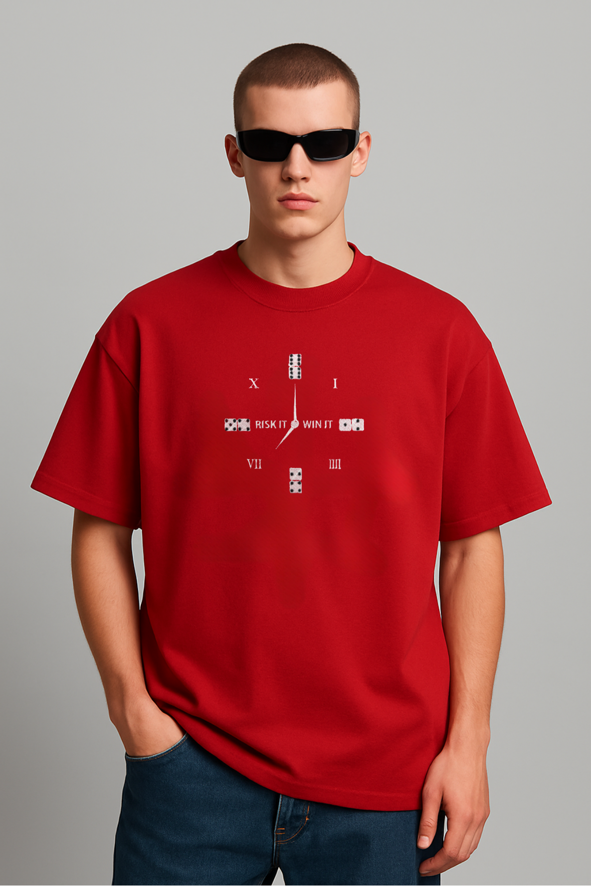 Conquer Clock Embroidered Red Oversized T-Shirt