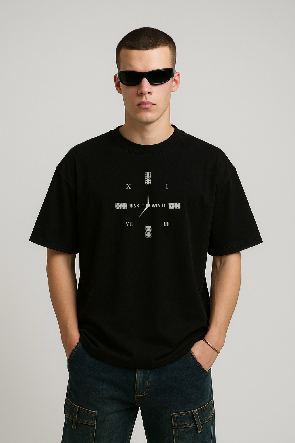 Conquer Clock Embroidered Black Oversized T-Shirt