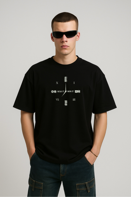 Conquer Clock Embroidered Black Oversized T-Shirt