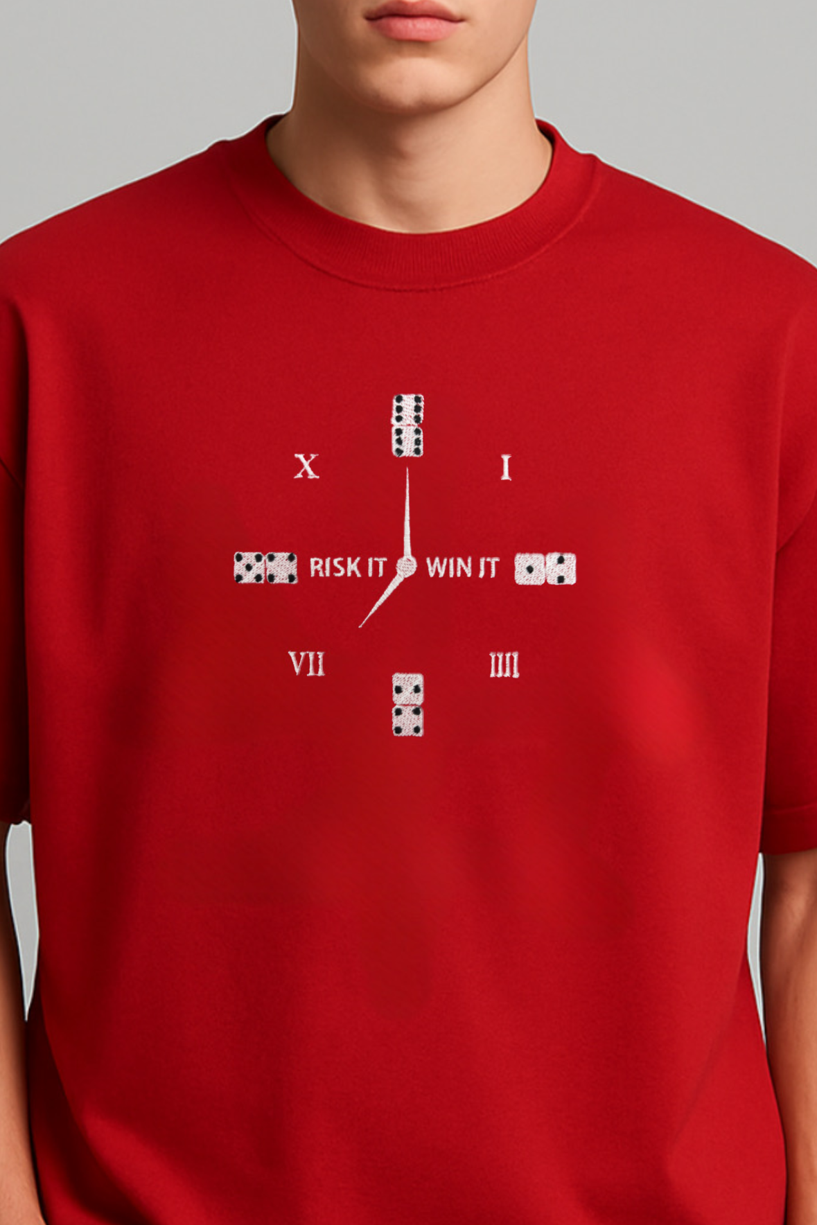 Conquer Clock Embroidered Red Oversized T-Shirt