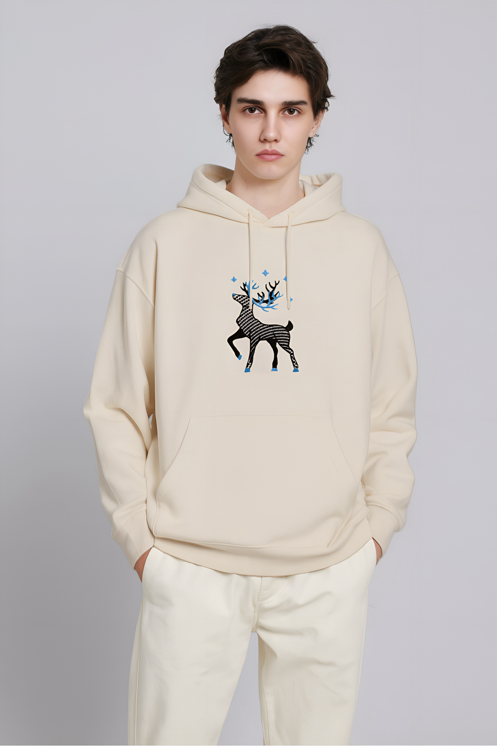Reindeer Embroidered Off White Oversized Hoodie